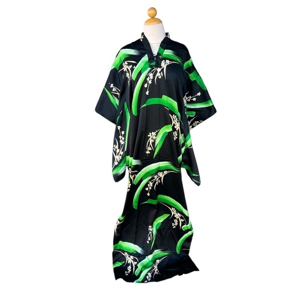 VTG Andrade Honolulu Polynesian Kimono Style Caftan Black Green Floral Size 12